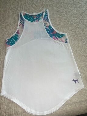 PINK Victoria's Secret White Tank with Teal & Purple Tropical Accents